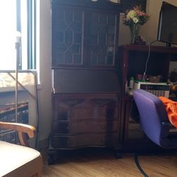 Antique China Cabinet Three Shelves Inside The Glass Frame Light Does Work Inside Open Cabinet Four Drawers Claw Legs Maple Brown Wood