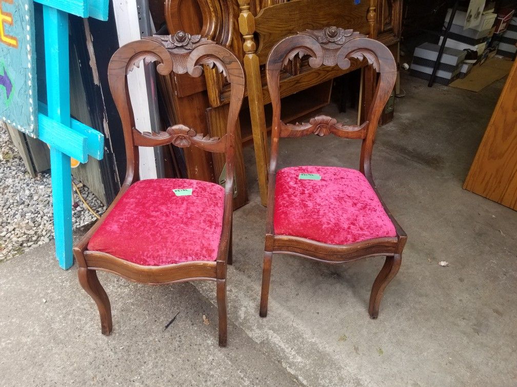 Pair of antique chairs with red velvet seats. In excellent condition