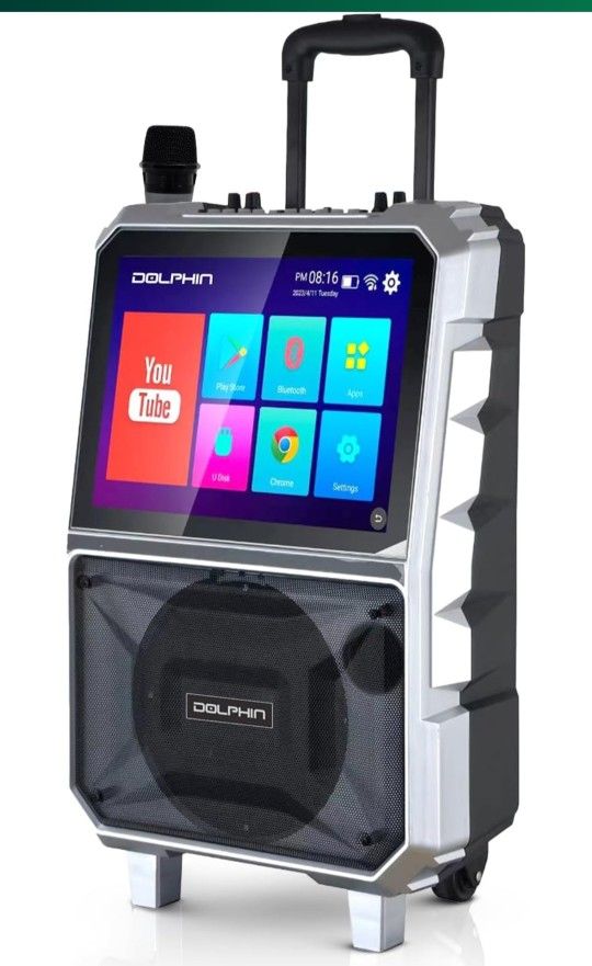 Dolphin KaraokeBox 85R Portable Karaoke Machine | 14" Tablet, Voice Modulation, HDMI, Bluetooth, USB, SD, FM | Rechargeable, 8" 100 Watts, Trolley Han