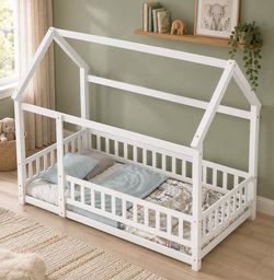 Twin Size Floor Wooden Bed with House Roof, Fence Guardrails,White P-6