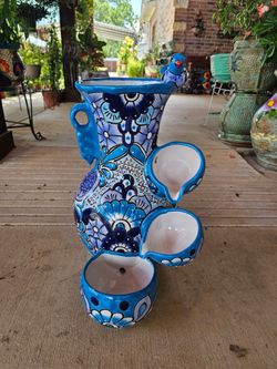 Talavera Teal Rim Water Fountain. Clay Pots, Planters,Pottery,Plants.