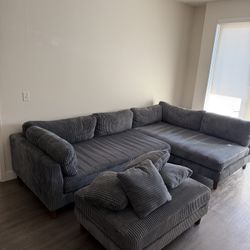 Modern Gray Corduroy Sectional Sofa with Ottoman