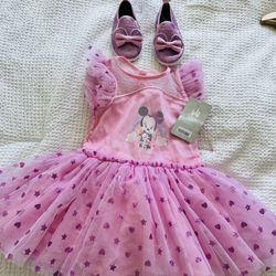 Disney baby girl pink tulle Minnie Mouse dress + Shoes With Tags