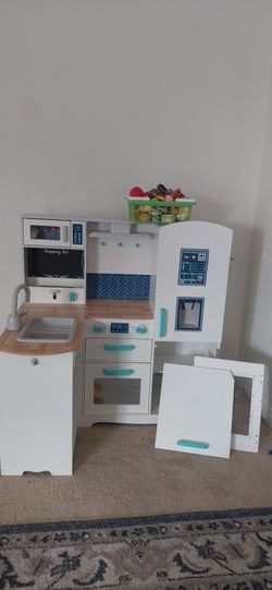 Wooden Play Kitchen (2 Doors Need TLC) + Full Play Food Basket