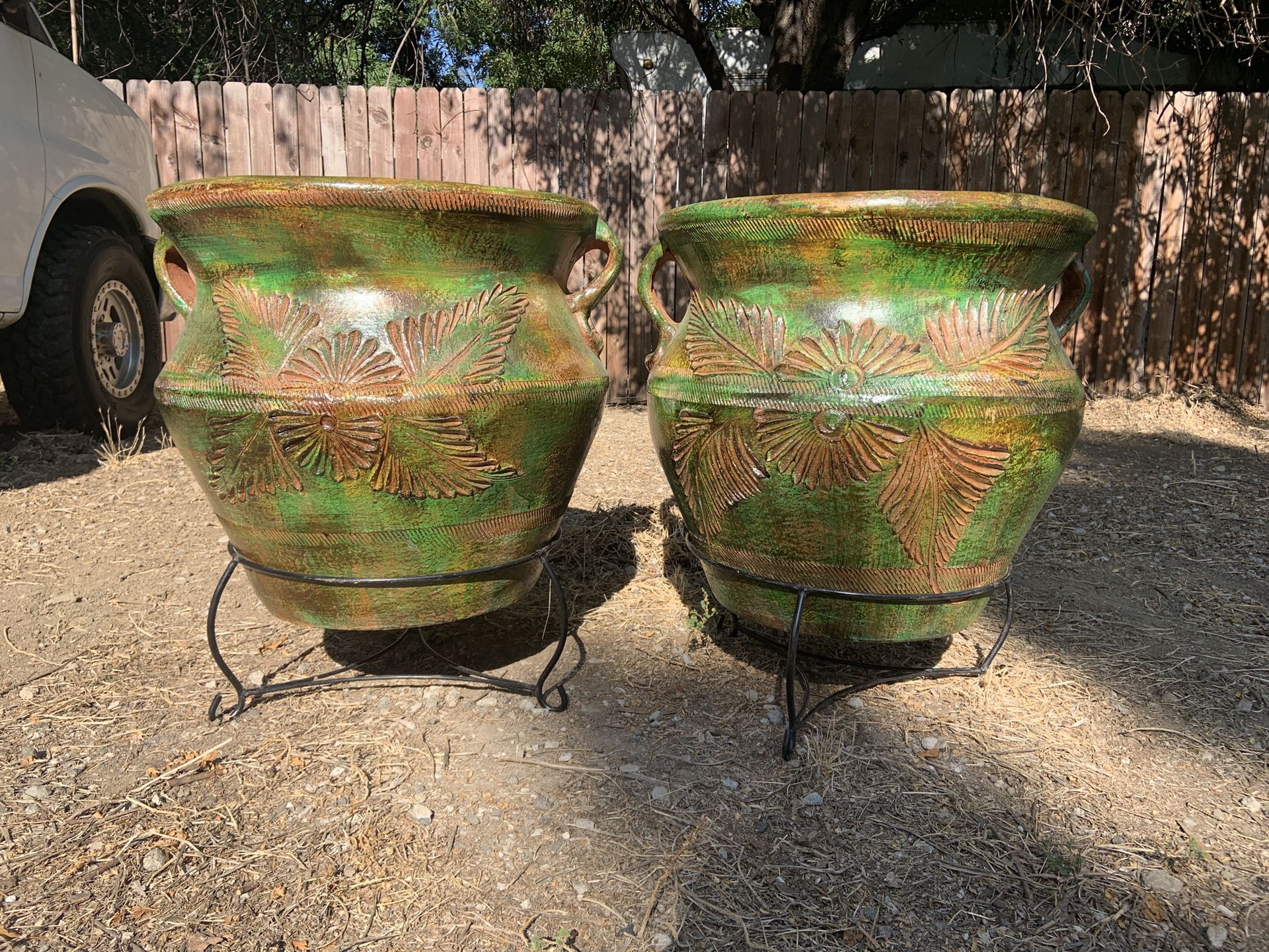 Set of 2 Large round green rustic terra cotta Mexican style planters -NEW