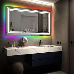  Led Bathroom Mirror for Wall, 48" x 24" Bathroom Vanity Mirror, Bathroom Mirror with Lights, Dimmable 8 Backlit Colors and 3 Front Colors, Memory Fun