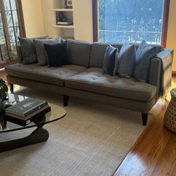 Mid-Century inspired Tufted Grey Sofa “Hutton” by Room&Board with 6 throw cushions