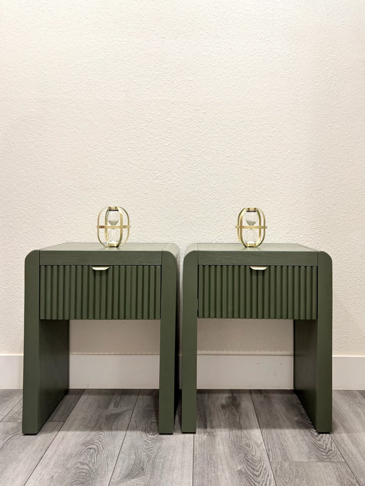 Sage Green Fluted Nightstands with Brass Pulls | Endtables | Sidetables | New