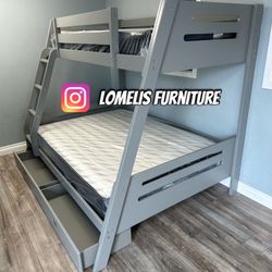 Twin/Full Gray Bunk bed w. Drawers & Ortho Mattresses Included 