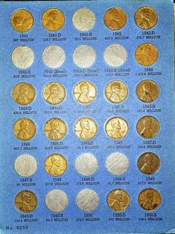 Whitman Lincoln Cent Folder No. 9030 (1941 to 1962), 44 wheat and memorial cents