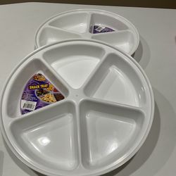 NWT Set of Two White Hard Plastic Deep 5 Sections Snack Trays, 13” diameter