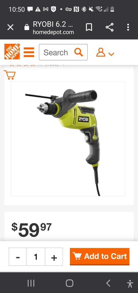 NEW RYOBI D620H 6.2 AMP CORDED 5/8 INCH VARIABLE SPEED HAMMER DRILL