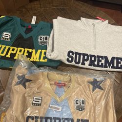 Supreme FW24 Week 8 Star Football Jersey, Faux Shearling Lined Work Shirt, Collegiate Half Zip Pullover
