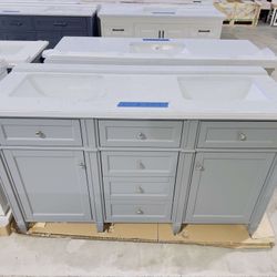 60 in. W x 22 in. D Double Sink Bath Vanity in Gray with White Marble Top $799 