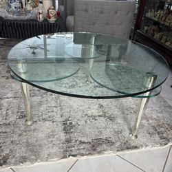 High End Italian Designer Thick Glass Round Coffee Cocktail Table W/ 3 Swivel Extensions. Postmodern Designer Ronald Schmitt Look.