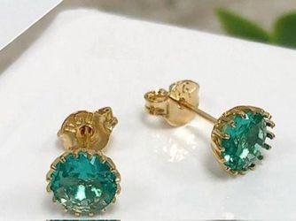 Exquisite 14K Yellow  18k Gold  Plating Mint-Green Gemstone Crown Stud Earrings