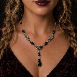 Handmade Gothic Silver Y-Necklace with Black Crystal Beads – Dark Romantic, New