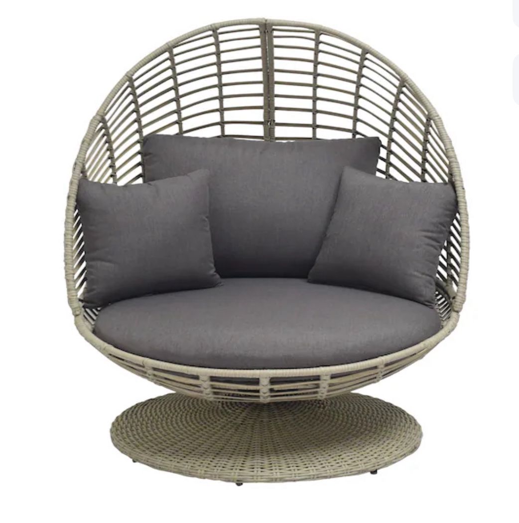 Origin 21 Venza Wicker Beige Steel Frame Swivel Egg Chair with Dark gray Cushioned Seat