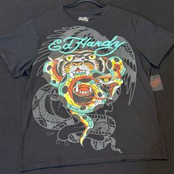 Ed Hardy Tiger and snake Face Graphic Short Sleeve Black Mens Size Large