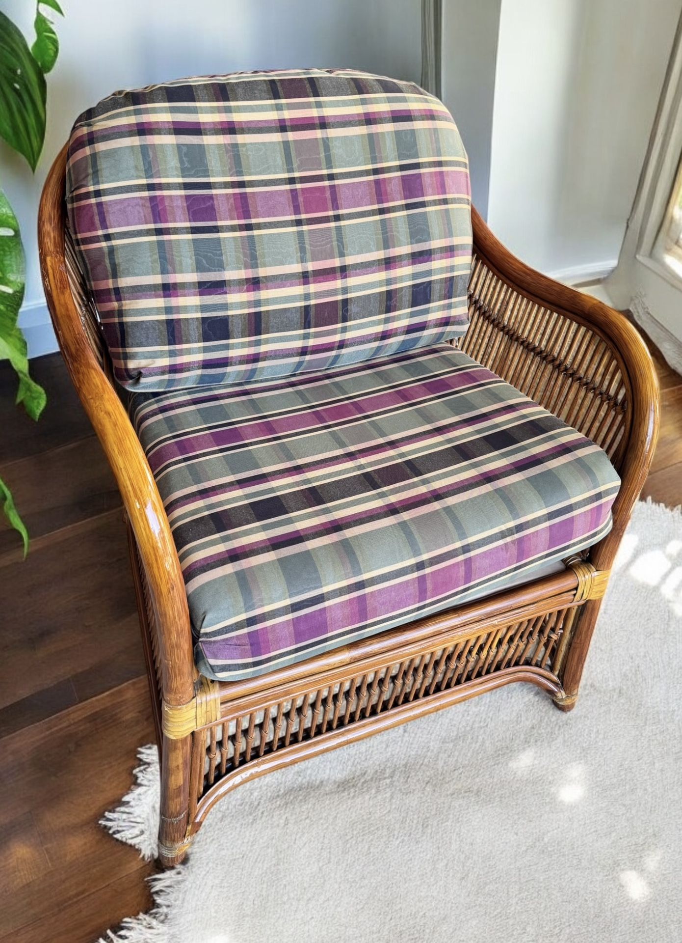 Vintage Rattan Chair with Plaid Cushions