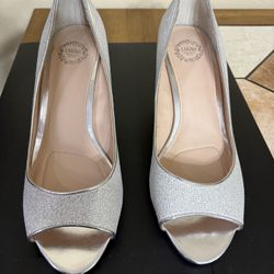 I. Miller Silver Sparkle Low Heeled Formal Prom Bridal Open Toe Shoes Size 8.5