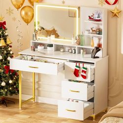 New Vanity Desk with Mirror and Lights, Makeup Vanity Table with 4 Drawers & Storage Shelves, Large HD Mirror, 3 Color Modes & Adjustable Brightness, 