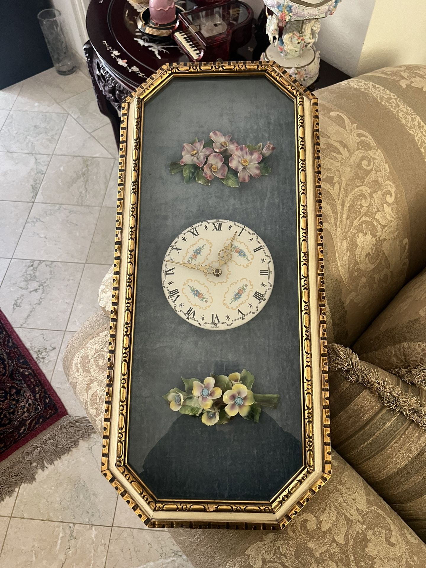 Vintage 1970's Italian French Provincial Floral style ceramic chiming clock
