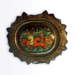 Russian Black Lacquer Miniature Easel Plaque Troika Onion Domes Gold Signed 2000