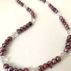 *New Handmade* Real Hot Pink Baroque Pearl and Crystal Bead Necklace, 23” Long