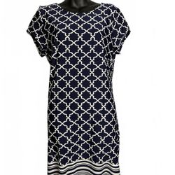 TACERA Navy and White Geometric Print Short Sleeve Dress Women's Petite Large
