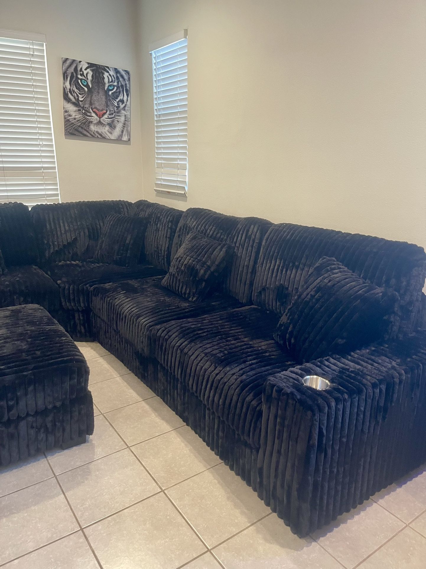 Black Sectional With Soft Fur Like Corduroy Fabric