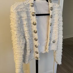 Balmain-Inspired White Tweed Jacket with Statement Buttons 