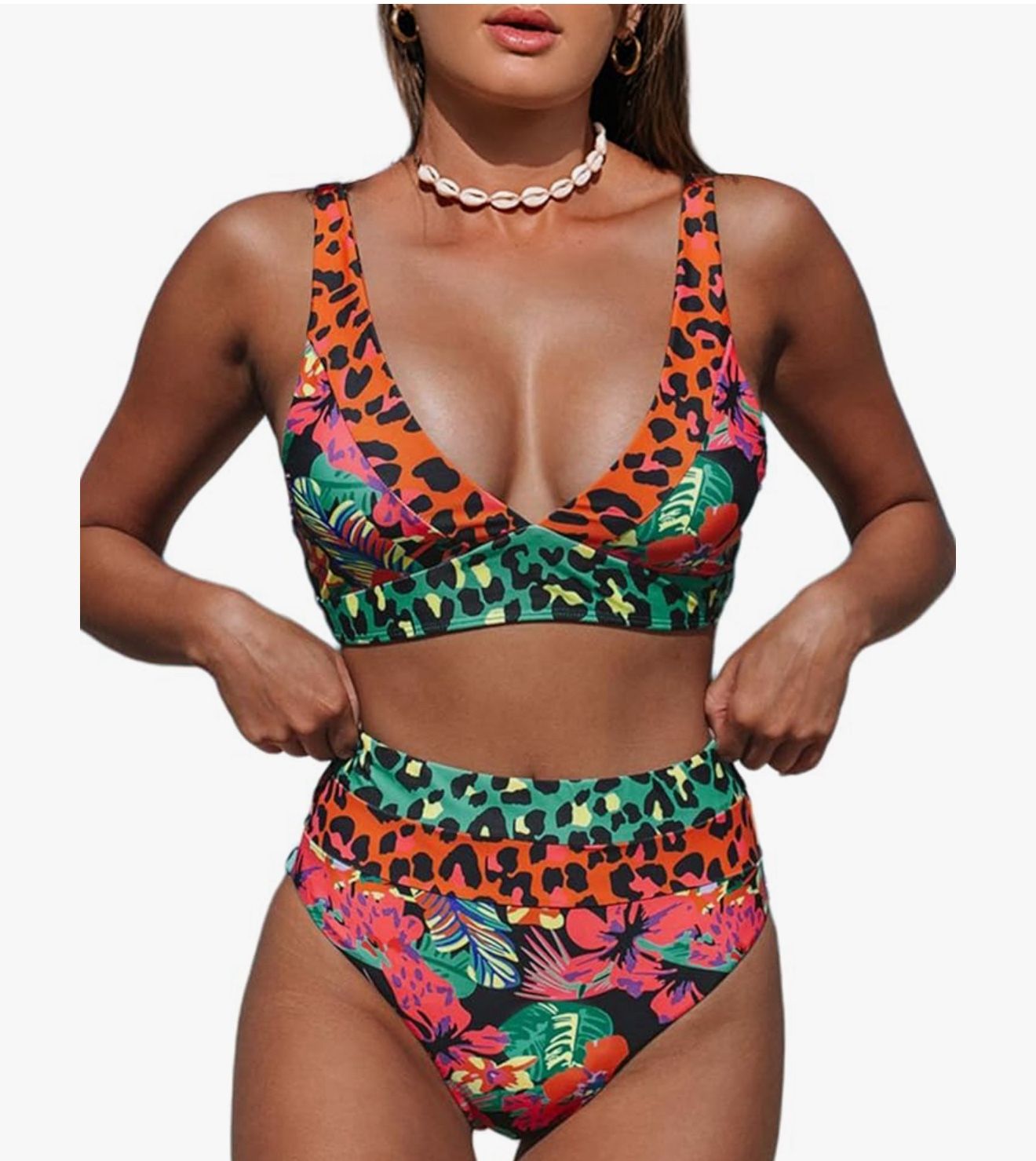 Hilinker Women's Leopard Bikini Swimsuits V Neck High Waisted 2 Piece Bathing Suits