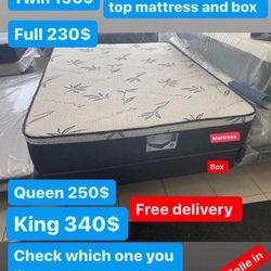Huge sale for Mattress And Box Twin size mattress and box 150.$ full 190$ Queen 200$ king 290$. Mattress And Box and frame and headboard. King 580$ Qu