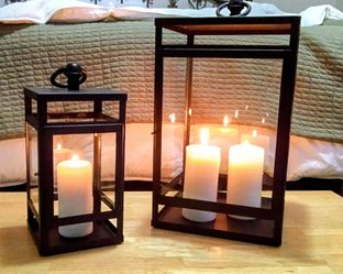 Set of decorative, Pottery Barn candle lanterns