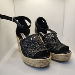Steve Madden Joni wedge sandal shoes 6.5 heels black espadrilles open toe lace
Good condition,  light wear,  worn a few times,  minor scratches and sc