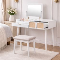 43.3" Classic Wood Makeup Vanity Set with Flip-top Mirror and Stool [NEW] **Assembly Req** 
