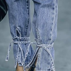 RAISECOM Mid Waisted Jeans Tummy Control Jeans for Women Tie a Trouser Leg