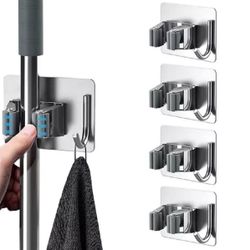 4 Pcs Stainless Steel Mop & Broom Holder - Wall Mount Organizer for Home, Garage, Garden Storage