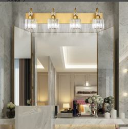 Gold Vanity Lights 4-Light Crystal Bathroom Wall Lighting Fixture, Round-Gold, Model 8600