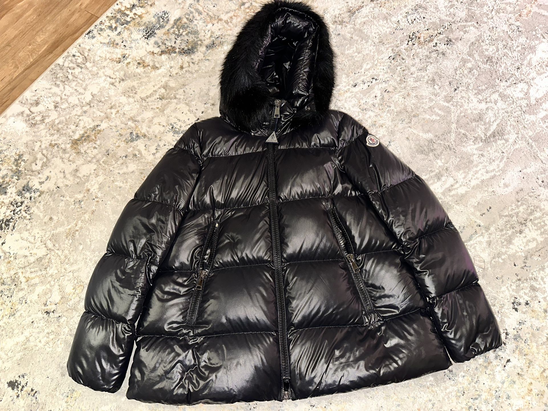 Moncler Women’s Glossy Black Down Jacket w/ Fur Hood – Size 3 (Large)
