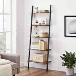 Ladder Shelf Leaning Shelf, 5-Tier Bookshelf Rack, for Living Room Kitchen Office, Stable Steel, Industrial, Rustic Brown and Black 
