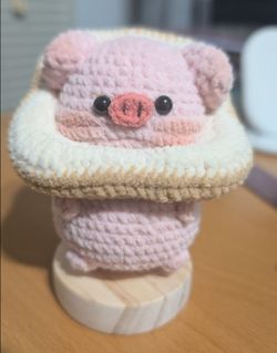 Crochet Pig Plush with Removable Toast scarf– Handmade Amigurumi