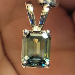 Blue Moissanite Diamond Pendant Emerald Cut 925 Silver Bail