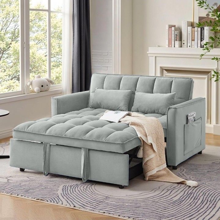 Tiramisubest sleeper sofa bed, pull out couch with side pockets, 55 inch loveseat, light gray color