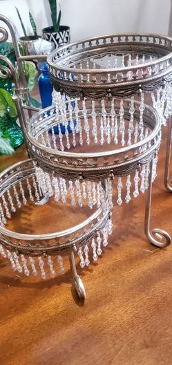 Victorian-style 3-tier silver tone beaded server.
