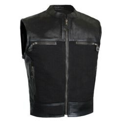 Men Motorcycle Leather Canvas Club Biker Style Vest Concealed Carry Pockets