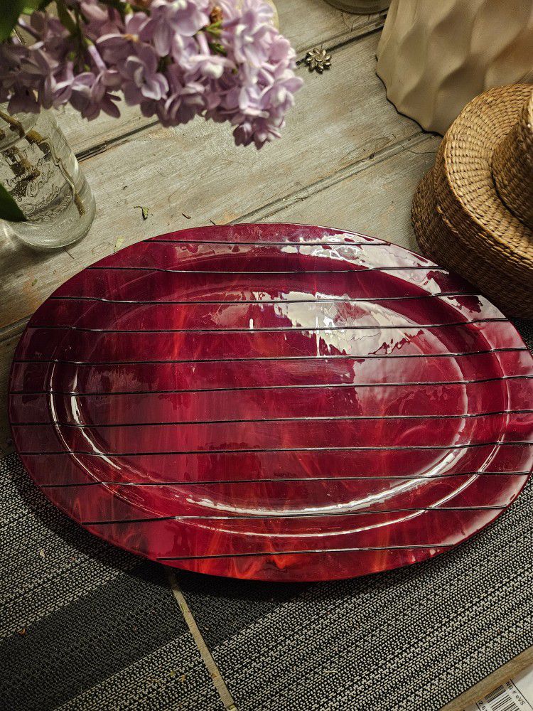 Red Platter W/Black Stripes. Translucent Glass.