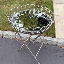 Deco Industrial Round Metal Mirrored Accent End Side Table 19" Round 27" High Foldable