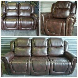 Brand New Brown Leather 3pc Reclining Set With Copper Nail Head Trim